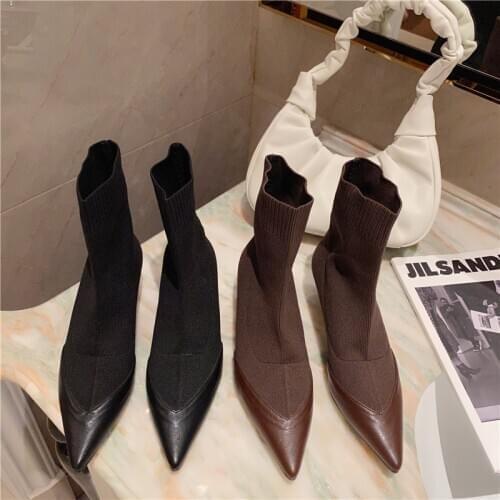 Black Brown Sock Boots Knitted Stretch Womens Ankle Boots Pointed Toe Mid Thin Heels Boots Ladies Booties Autumn Shoes Woman