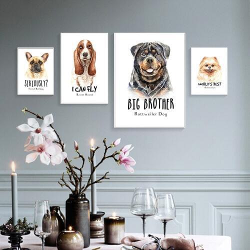 Nordic simple cute dog basset hound dog Rottweiler Pomeranian French bulldog text mural painting living room sofa wall decoratio