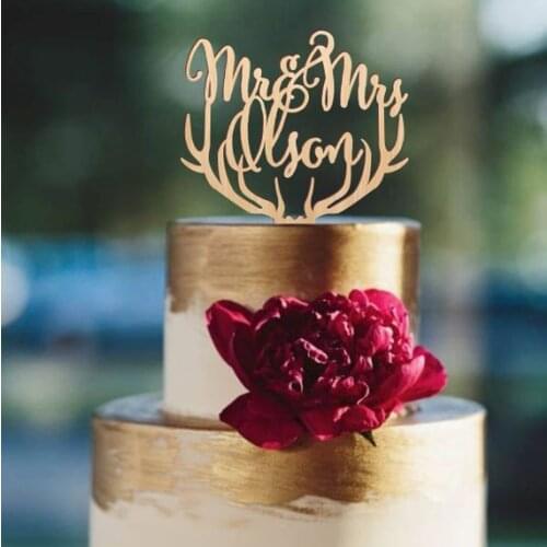 Wedding cake topper rustic wooden and Mrs cake topper deer antlers cake topper