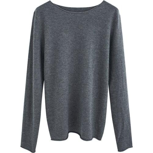 Pure Wool Sweater Women Boat Neck Knitted Tops Pullover Jumper With Curl Edge M,L
