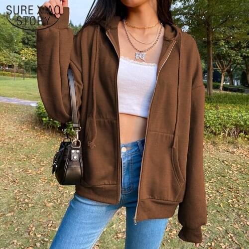 Brown Zip Hooded Sweatshirt Autumn Winter New Jacket Top Oversized Hoodie Retro Pocket Woman Clothes Long Sleeve Pullover 17145