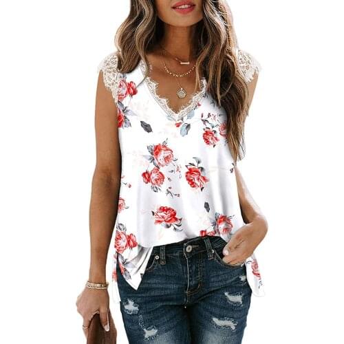 Lace Open Shoulder Tank Tops Women Floral Print V-Neck Womens Summer Casual Sleeveless Vest Top Fashion T-Shirt For Girls