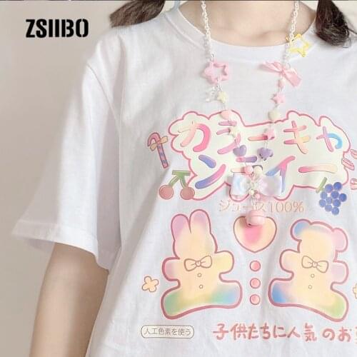 Japanese kawaii big size 100% cotton female sweet Ulzzang tops loose casual Harajuku short-sleeved gothic Vintage T-shirt