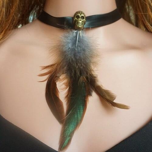 Boho Jewelry Gothic Skulls & Real Feather Choker Halloween Head Skull Necklace Black Collar with Bronze/Pink Feathers Neckpiece