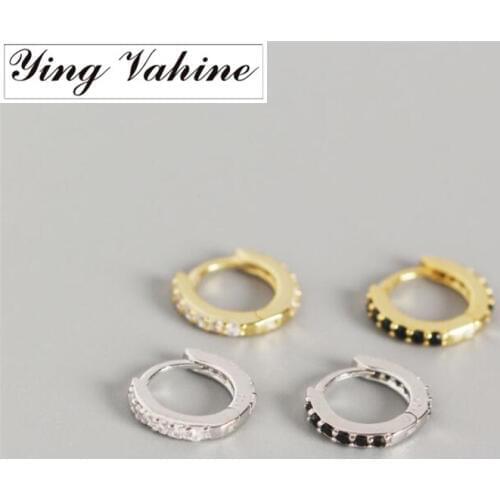 Ying Vahine 100% 925 Sterling Silver Miniature Round Black and White Zircon Small Stud Earrings for Women