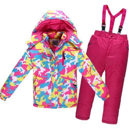 Winter Childrens Ski Suit Boys Girls Hooded Outdoor Sports Snowboard Suit Kids Skiing Jacket Cotton Clothes Windproof Warm