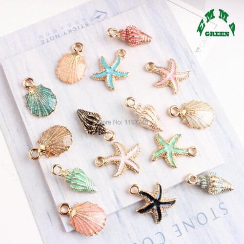 Ocean Sea Starfish Shell Conch Pendant Charms Colorful Enamel Oil Drop Pendant Accessories for Jewelry Making DIY Necklace 10pcs