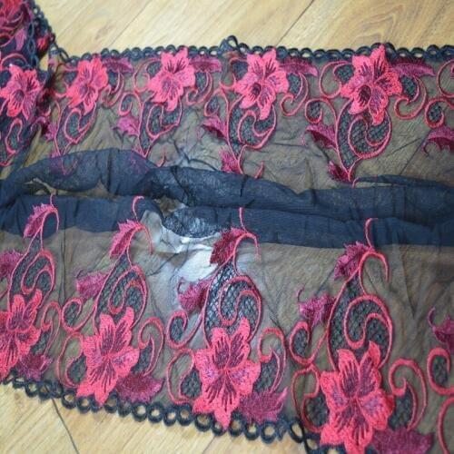 1YD Beautiful Black Gauze Red Silk Embroidery Venise Venice Lace Trim Applique Sewing Craft 1731805
