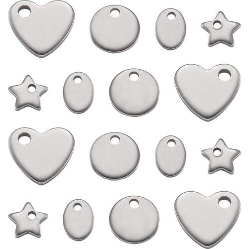 20pcs Mixed Shapes Heart Charms Star Pendants Round Oval Dangle 304 Stainless Steel Blank Stamping Tag Pendant for Necklace DIY