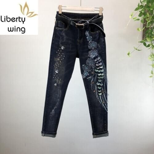 Brand Beading Sequined Hole Ripped Stretch Denim Pencil Pants Women European Style Slim High Quality Zipper Torn Jeans Trousers