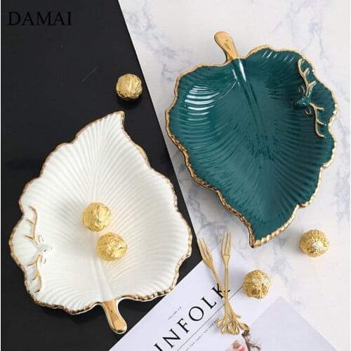 Leaves Decorative Ceramic Plate Elk Porcelain Dessert Plates Candy Snack Dried Fruit Dishes Hotel Serving Tray Kitchen Tableware