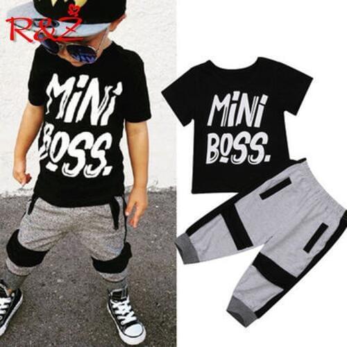 R&Z childrens suit 2019 summer new boy cotton casual suit letter round neck T-shirt harem pants two-piece