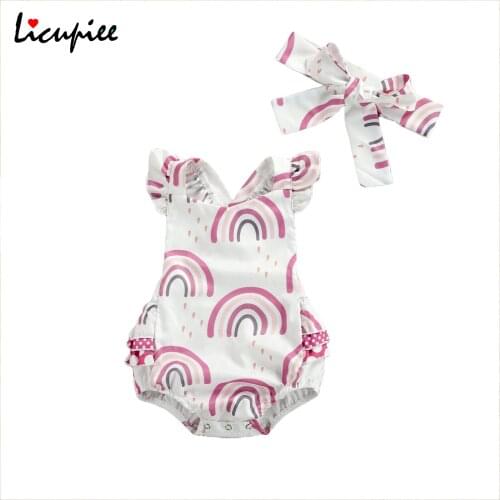 0-24 Months Bodysuits 2 Pcs Newborn Summer Outfits Baby Girl Ruffled Rainbow Print Fly Sleeve Romper + Headband