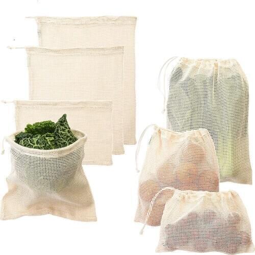 Eco-Friendly Reusable Cotton Mesh Vegetable Storage Bag Cotton Mesh Vegetable Bags Produce Bag for Fruit Vegetable Storage Bag