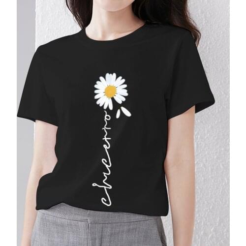 Womens T-shirt Casual Slim Round Neck Black Basic Soft Classic Daisy Pattern Print Breathable Comfortable Youth Womens Top