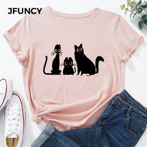 JFUNCY Plus Size 5XL Women Summer T-shirt Black Cat Graphic Print Tees Short Sleeve Woman Tshirt 100%cotton Female Tops