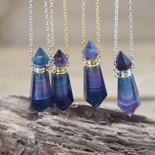 Beautiful Rainbow Fluorite Double Pointed Perfume Bottle Pendant Necklace Healing Crystal Prism Essential Oil Vial Charms QC1070