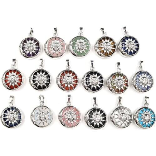 Natural Stone Sun Face Pendant Healing Crystal Necklace Ladies Quartz Mens Aura Jewelry