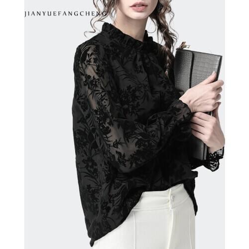 Fashion Black Cut Floral See Through Chiffon Flocking Blouse Women Long Sleeve Stand Collar Autumn Winter Tops Loose Plus Size