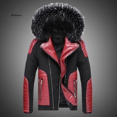 Autumn Winter Men Jacket Patchwork Leather Motorcycle Jacket Street Fashion High Quality Fur Collar Leather Jacket Fur Coat Men