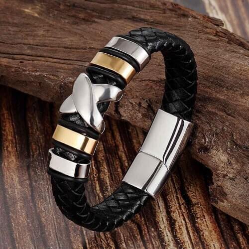 LAMEMDEE Men Bracelets Braided Rock Hip Hop Stainless Steel Trendy Punk Genuine Leather Bangle Women Jewelry