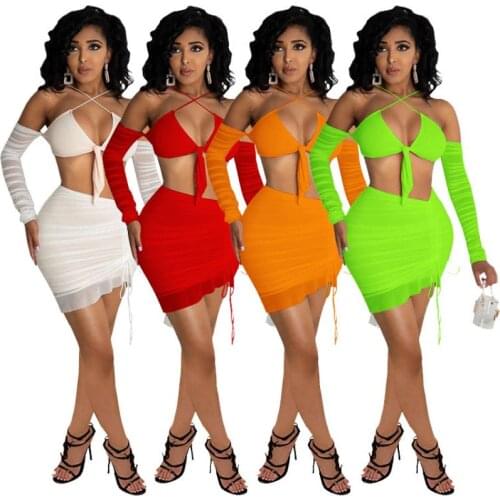 2021 Summer New Fashion Womens Clothing Mesh Gauze Shoulder Strapless Bowknot Sexy 2-Piece Skirt Suit Women