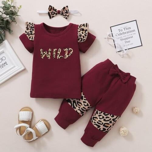 Newborn Baby Girl Clothes Fly Sleeve Knitting Cotton RomperLetter T shirt Tops Leopard Print Pants Headband 3Pcs Outfits Clothes