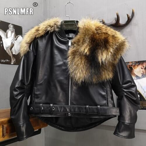 Warm Thickened Natural Sheepskin Cool Girl Coat Motorcycle Biker Winter 2020 Womens Fur Coat With Huge Real Raccoon Fur Coll