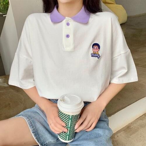 Casual Ins Cartoon Embroidered T-shirt Womens T-shirts Tops Japanese Kawaii Ulzzang Female Korean Harajuku Clothes For Women