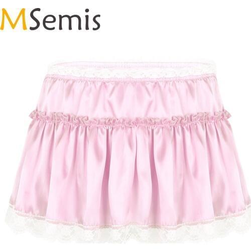 Men Sexy Lingerie Sexy Nightwear Skirt Erotic Sleepwear Underwear Adults Sissy Gay Satin Lace Hem Short Skirt Micro Mini Skirt