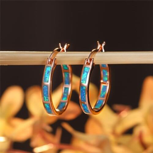 Blue Fire Opal Hoop Earrings For Women Wedding Jewelry Vintage Fashion Rose Gold Birthstone Engagement Earrings Girl Bridal Gift