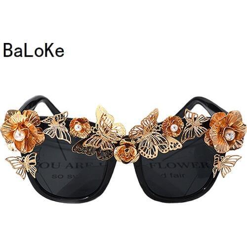 Gold Baroque Sunglasses Women Metal Flowers Vintage Eyewear Brand Designer Sun Glasses Outdoor Casual Fashion Accessories