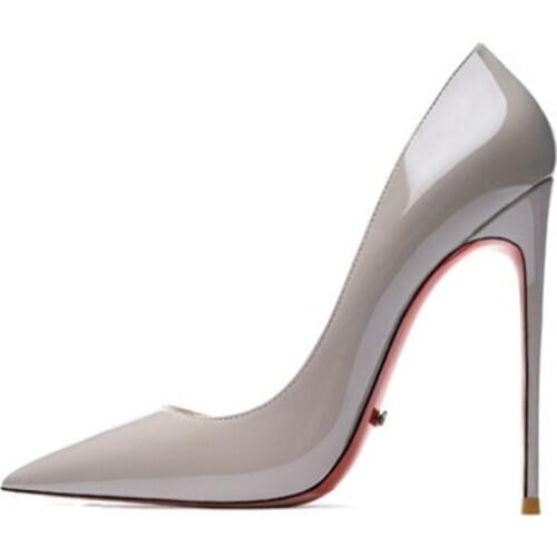 Mature Gray Women High Heeled Pumps Bright Red Bottom Shoes Summer Shallow Heels Stilettos Genuine Leaher Spring Shoe Big Size
