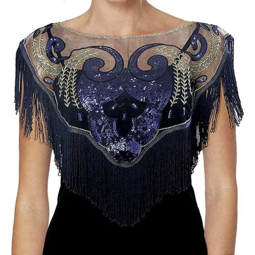 Womens 1920s Mesh Sequin Wedding Bridal Cape Evening Shawl Wrap Roaring 20s Cape Fringed Gatsby Flapper Dress Accessories