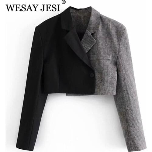 WESAY JESI Womens Suit Cropped Blazer+Skirt Fashion Office Lady Pocket Decoration Patchwork Cropped Blazer Suits With Skirt