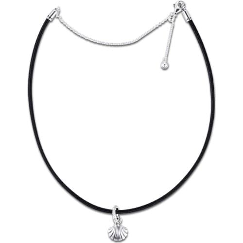 New Summer Genuine 925 Sterling Silver Black Leather Seashell Choker Necklaces for Women Original Pendants Necklace Jewelry Gift