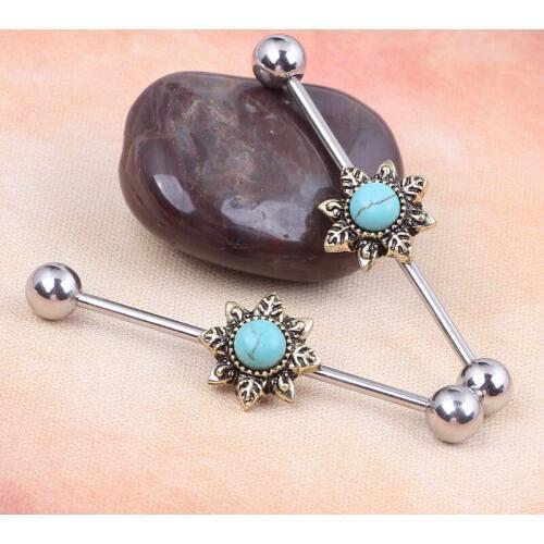 14G Star with Blue Industrial Barbell Ear Ring Bar Body Piercing Jewellery 38mm Plugs with Ear Piercing