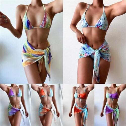 3pcs Women Swimsuits Set Tie Dye Print Sling Crop Top Knot Skirt And Thong Underpants Bikini Set For Women Summer Swimsuit set