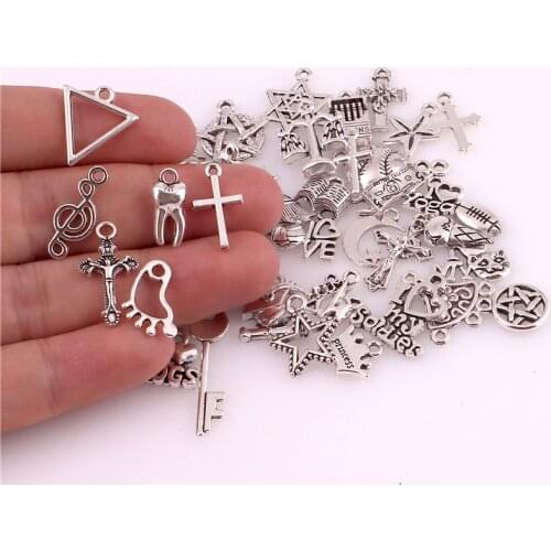 50pcs/lot Antique Silver Color Mixed Charm Pendants Jewelry Accessories Star Cross Charms Jewelry Making Vintage Charm Finding