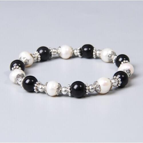 Black Agates Crystal Natural White Pearls Bracelet Alloy Petal Metal Bracelets for Women Jewelry Pearl Beads Bangle Female Gifts