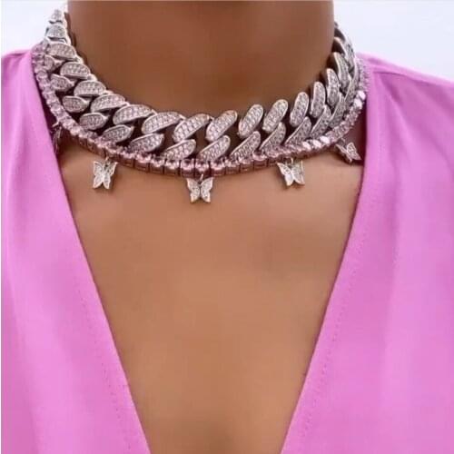 Wholesale hip hop cuban chain choker necklace with 5A cz paved 18mm width iced out miami chain choker necklace for women