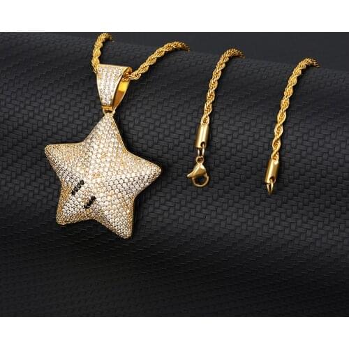 Men Hip hop Iced Out Bling Five-Pointed Star Pendant Necklaces Setting Zircon Fashion Charm Gold Color Necklace Chains Jewelry