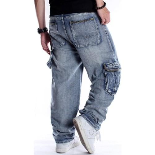 2021 New Japan Style Brand Mens Straight Denim Cargo Pants Biker Jeans Men Baggy Loose Blue Jeans With Side Pockets Jeans men