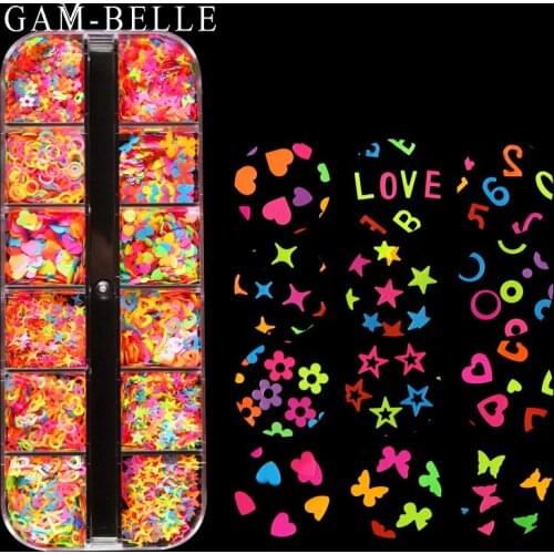 GAM-BELLE 12 Grids/Box Fluorescence Butterfly Heart Star Numeral Shape Nail Art Glitter Flakes 3D Sequins Polish Nail Decoration