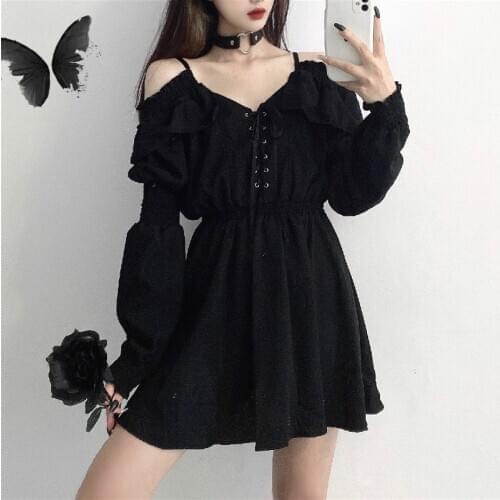 Gothic Black Dress Women Casual Button Lace Evening Party Sexy Mini Dress Female Long Sleeve One-piece Dress Korean 2020 Autumn