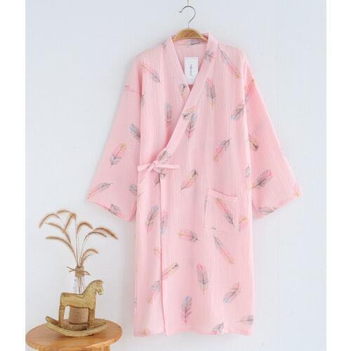 New Womens Crepe Cotton Bath Robe Three Quarter Womens Robes Sleepwear Cartoon Feather Print Dressing Gown Pink Night Robe