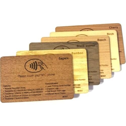 Custom Printing Beech Black Walnut Bamboo Birch Sappele Cherry Wooden Smart Card RFID NFC Ntag213/215/216 Wood Hotel Key Tag