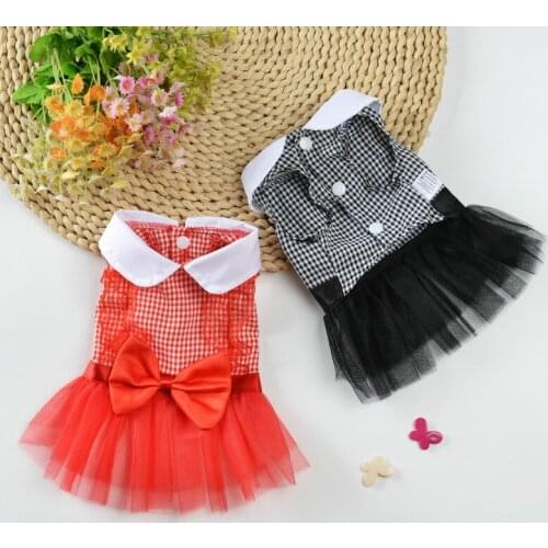 Summer Dog Clothes Black Plaid Lace Cat Dress Flower Bow Princess Dress Pet Puppy Dog Costume Sweet Mesh Dog Skirts Clothing