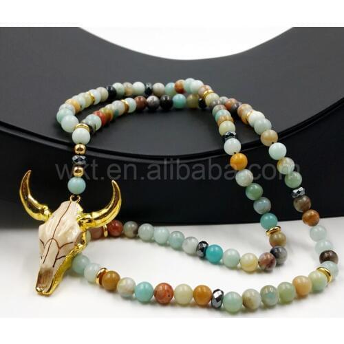 WT-N775 Fashion 32" Beads Necklace Design Jewelry 8mm Amazonie Beads Charm Resin Gold Cattle Horn Pendant Handmade Necklace Gift