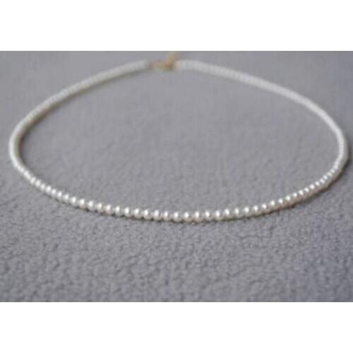Fashion jewelry Free Shipping 15.5-16" mini AAA+3-4 mm Real natural Akoya white round pearl necklace 14k Gold